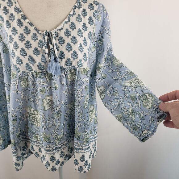 NWT Casa Cabana Blue Floral Tasseled Keyhole Front Tie 3/4 Sleeve Boho Blouse L - Picture 8 of 14